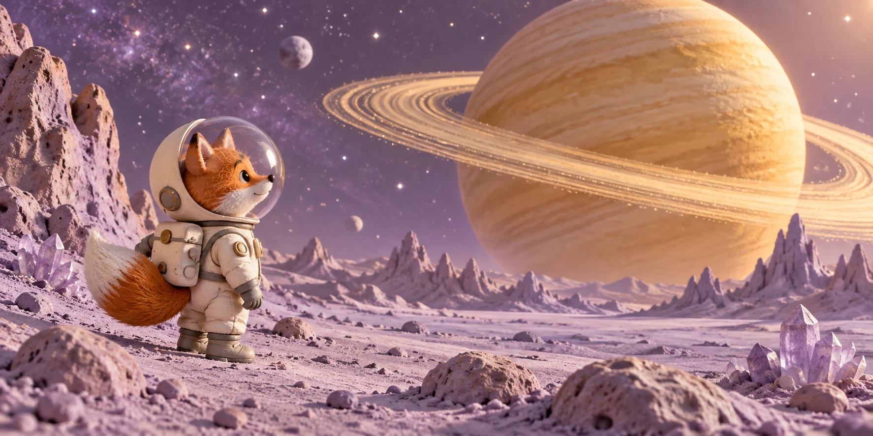 A small fox astronaut on a purple moon beside a ringed planet