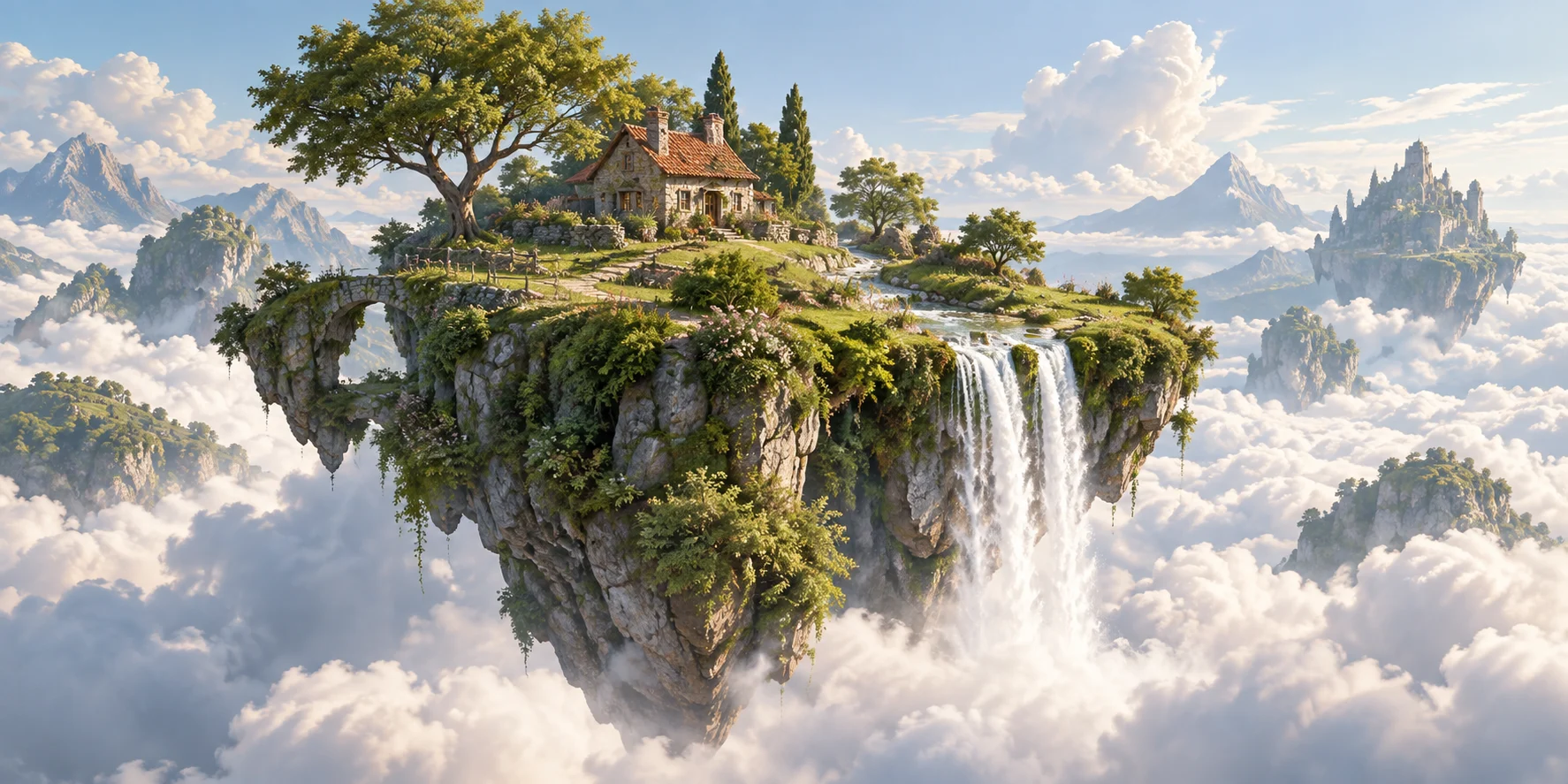 A cottage on a floating island with a waterfall above the clouds