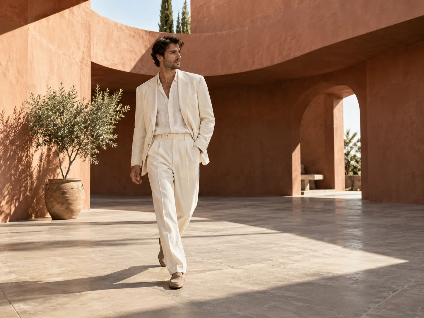 A man in a white suit walking through sunlit terracotta architecture.