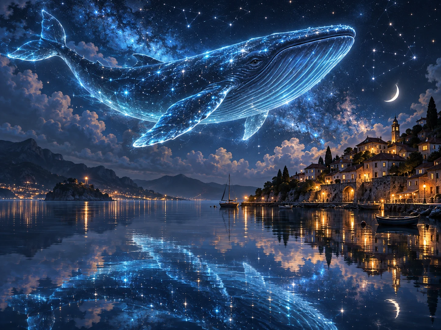 A luminous blue whale drifts through the night sky above a coastal town.