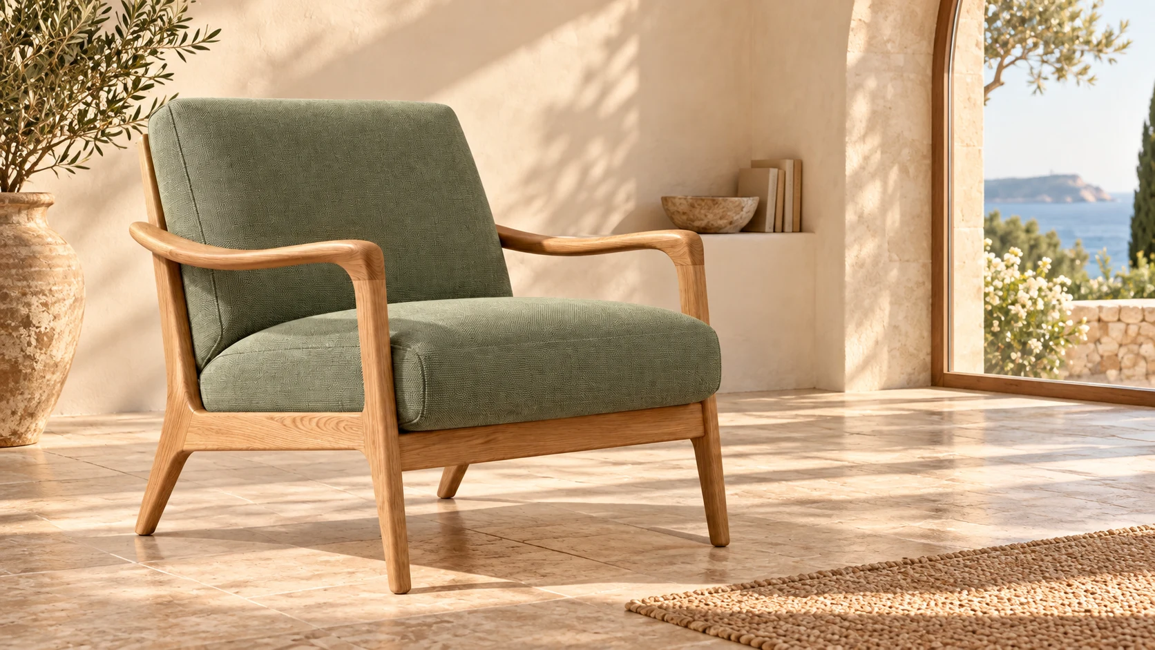 Same sage oak lounge chair placed in a sunlit coastal living room