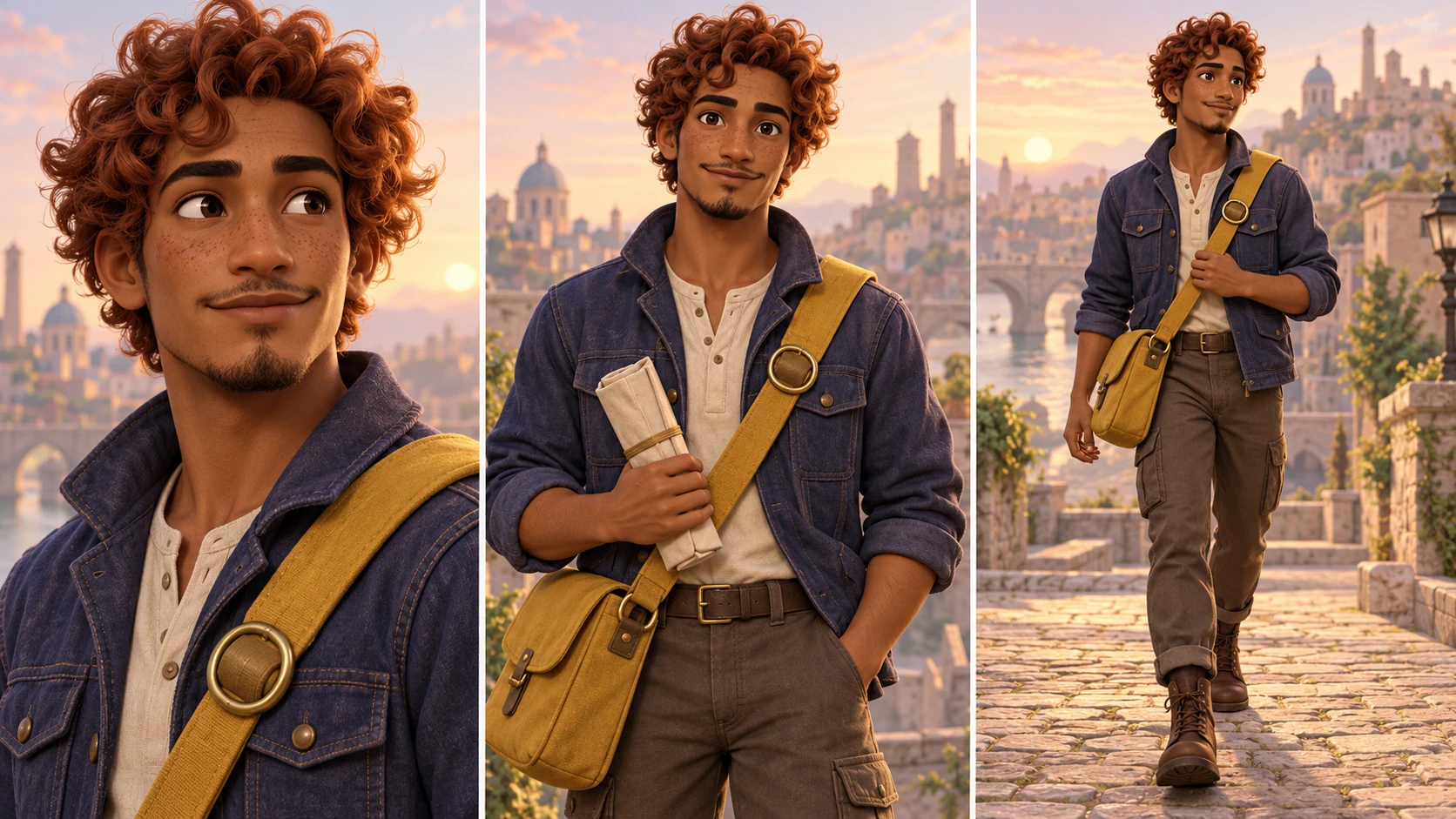 Three views of the same copper-haired courier in an indigo jacket