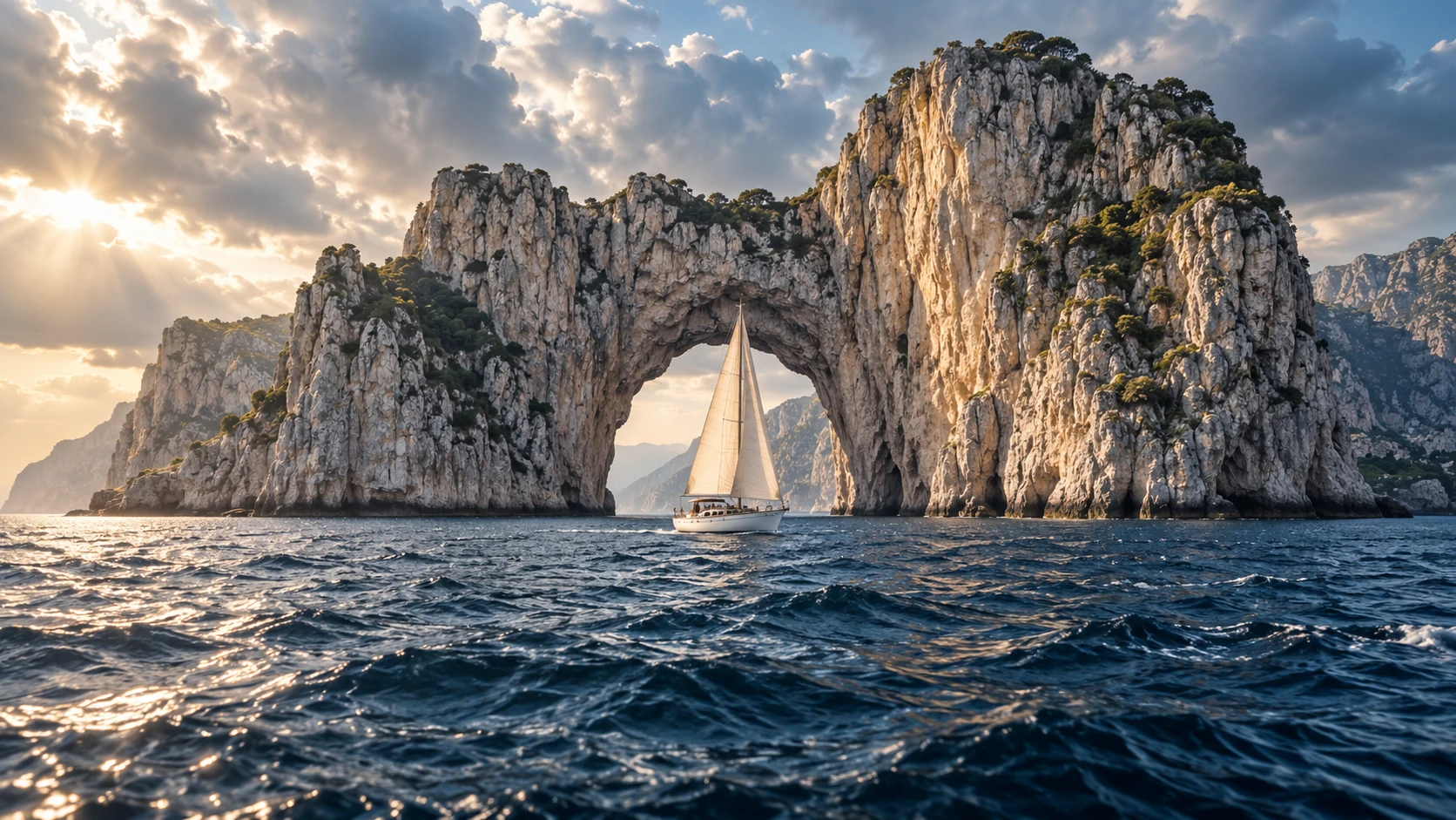 Centered sailboat below a limestone sea arch with layered depth