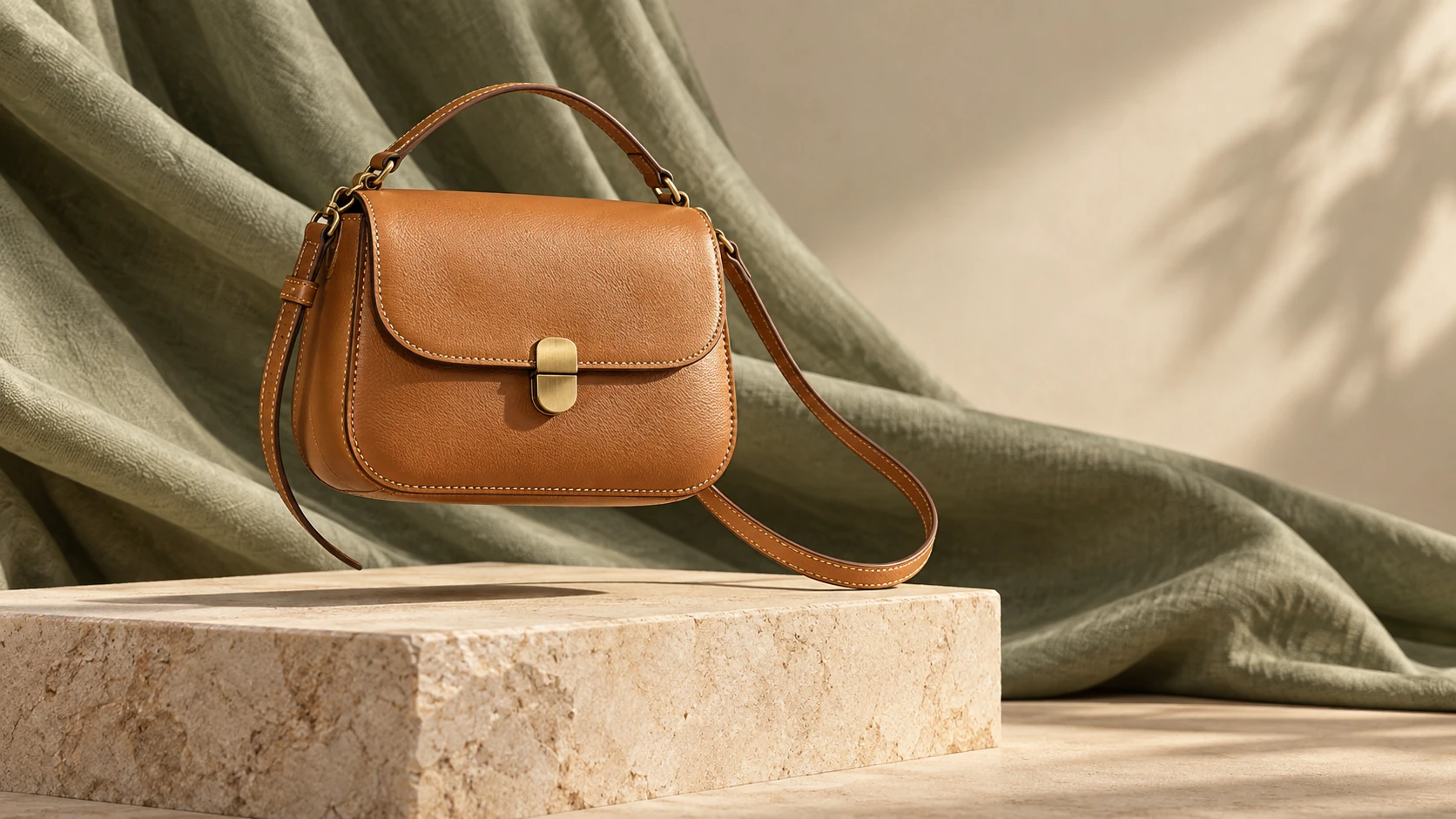 Tan leather handbag above a stone podium with sage fabric