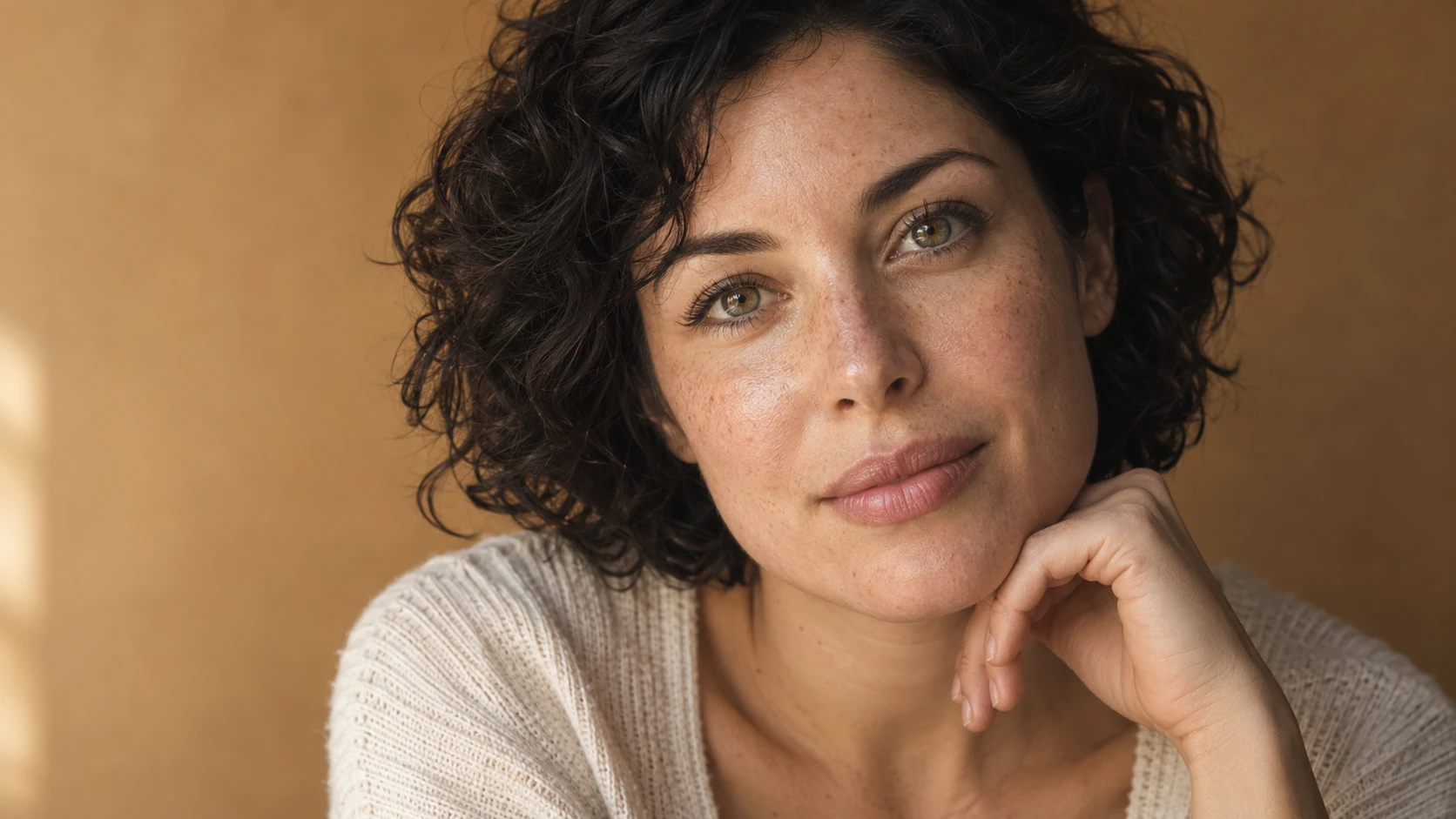 Close-up portrait showing freckles and natural skin texture