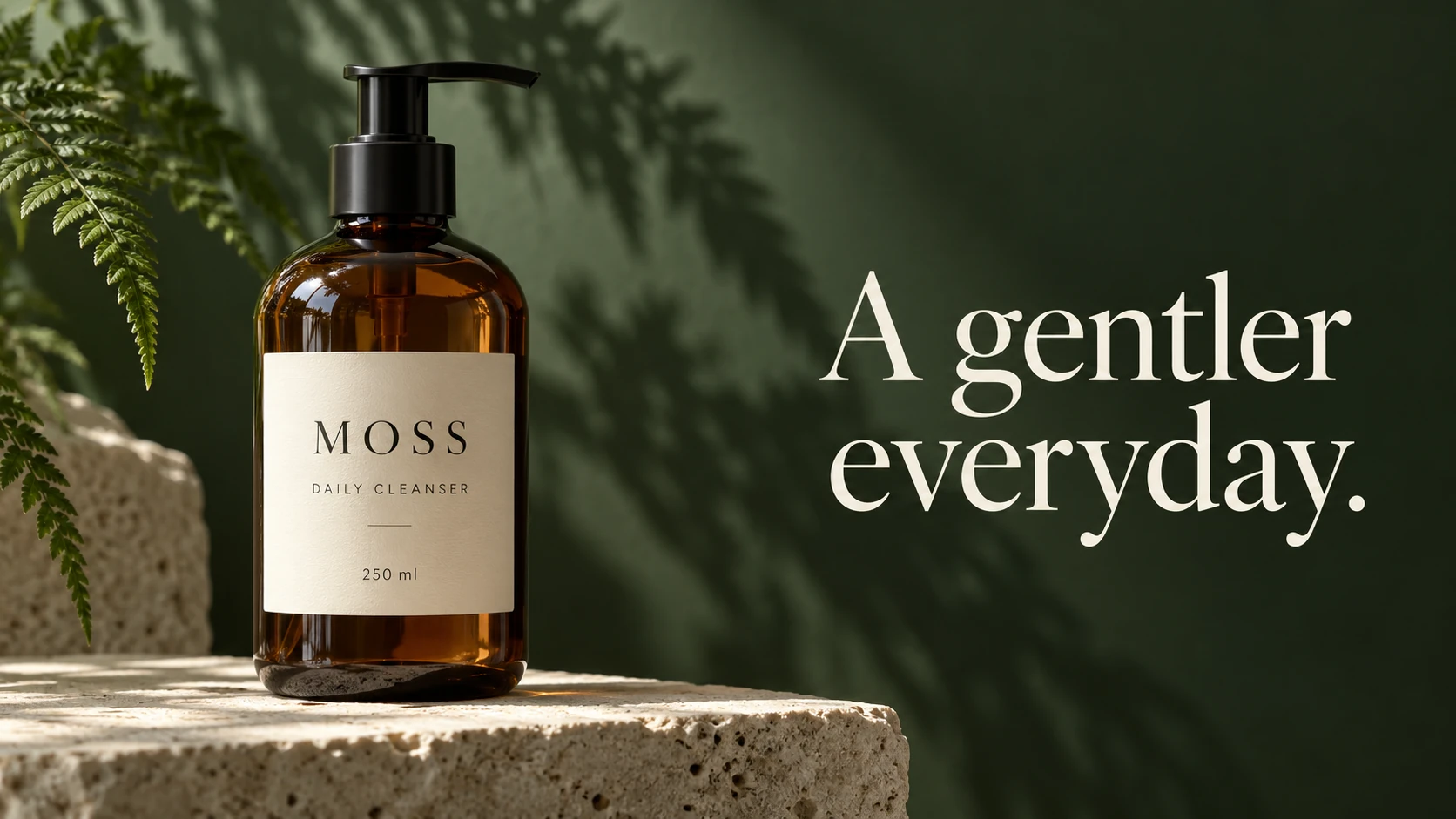 Amber MOSS cleanser bottle and readable ivory campaign typography