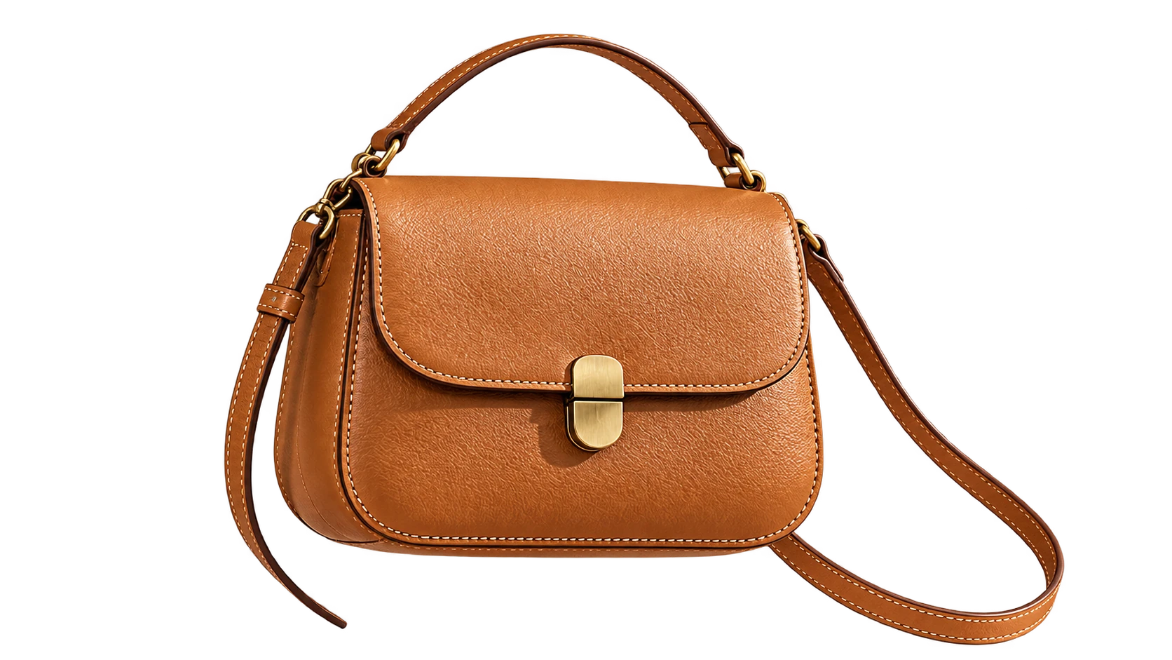 Tan leather handbag with brass closure on a transparent background