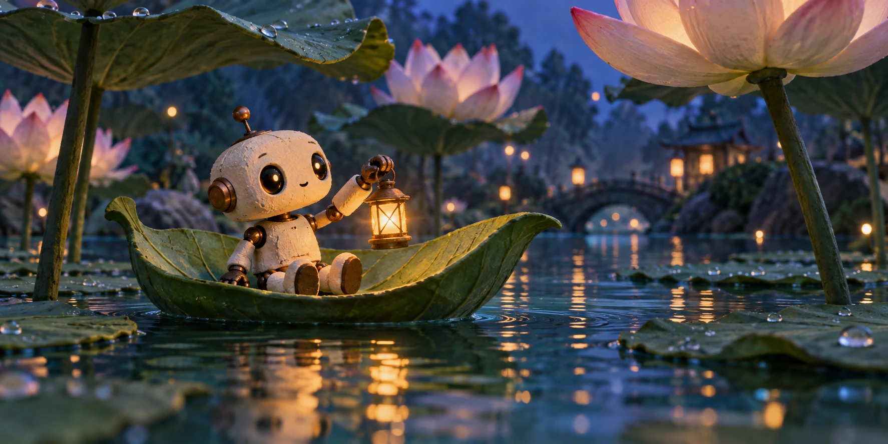 A small cream robot sailing a leaf boat through a lantern-lit pond