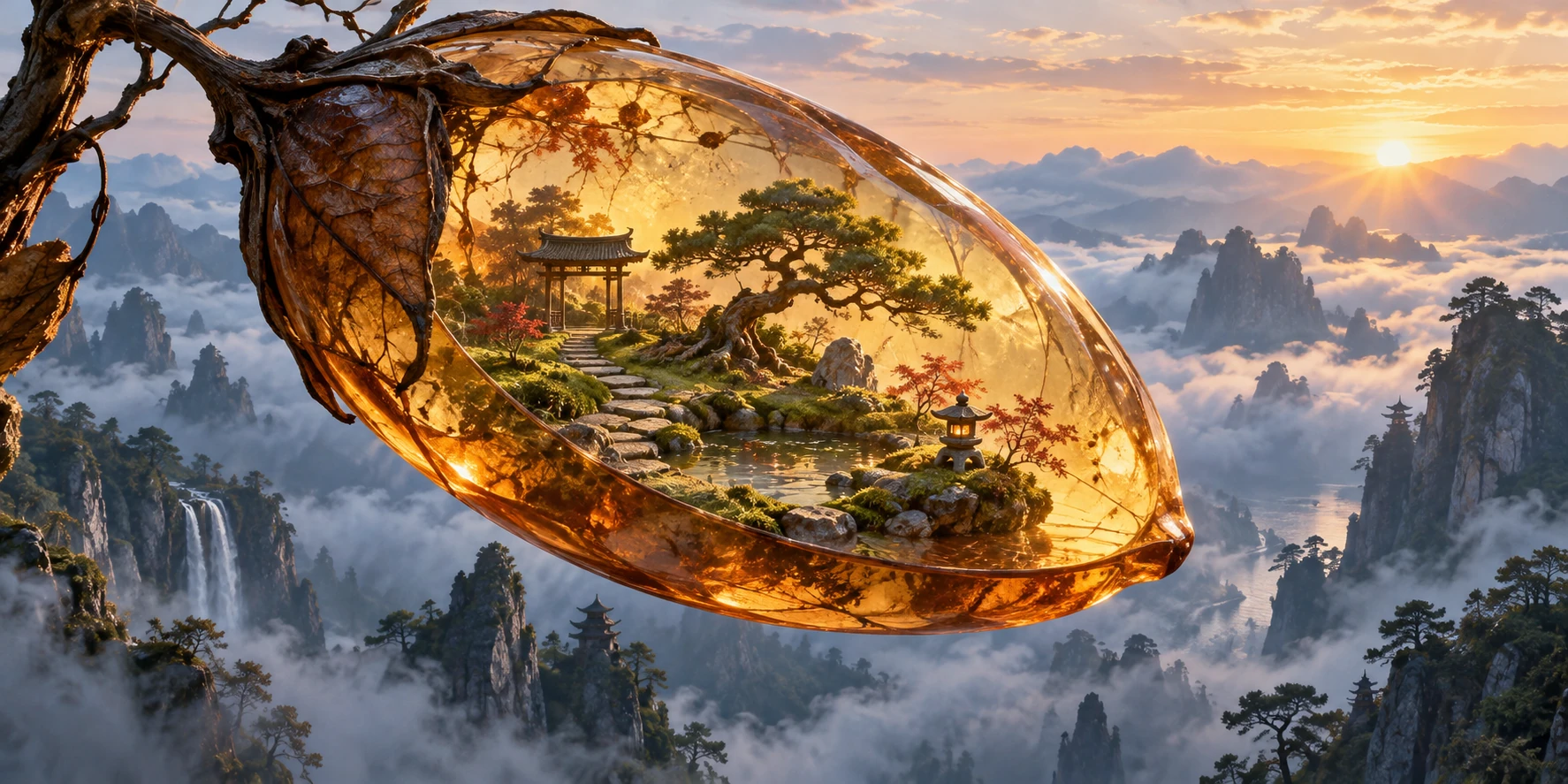 A tiny garden inside a translucent amber seed above mountain clouds