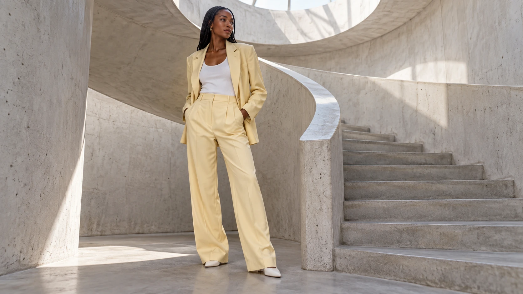 Woman in a butter-yellow suit in a concrete spiral stairwell