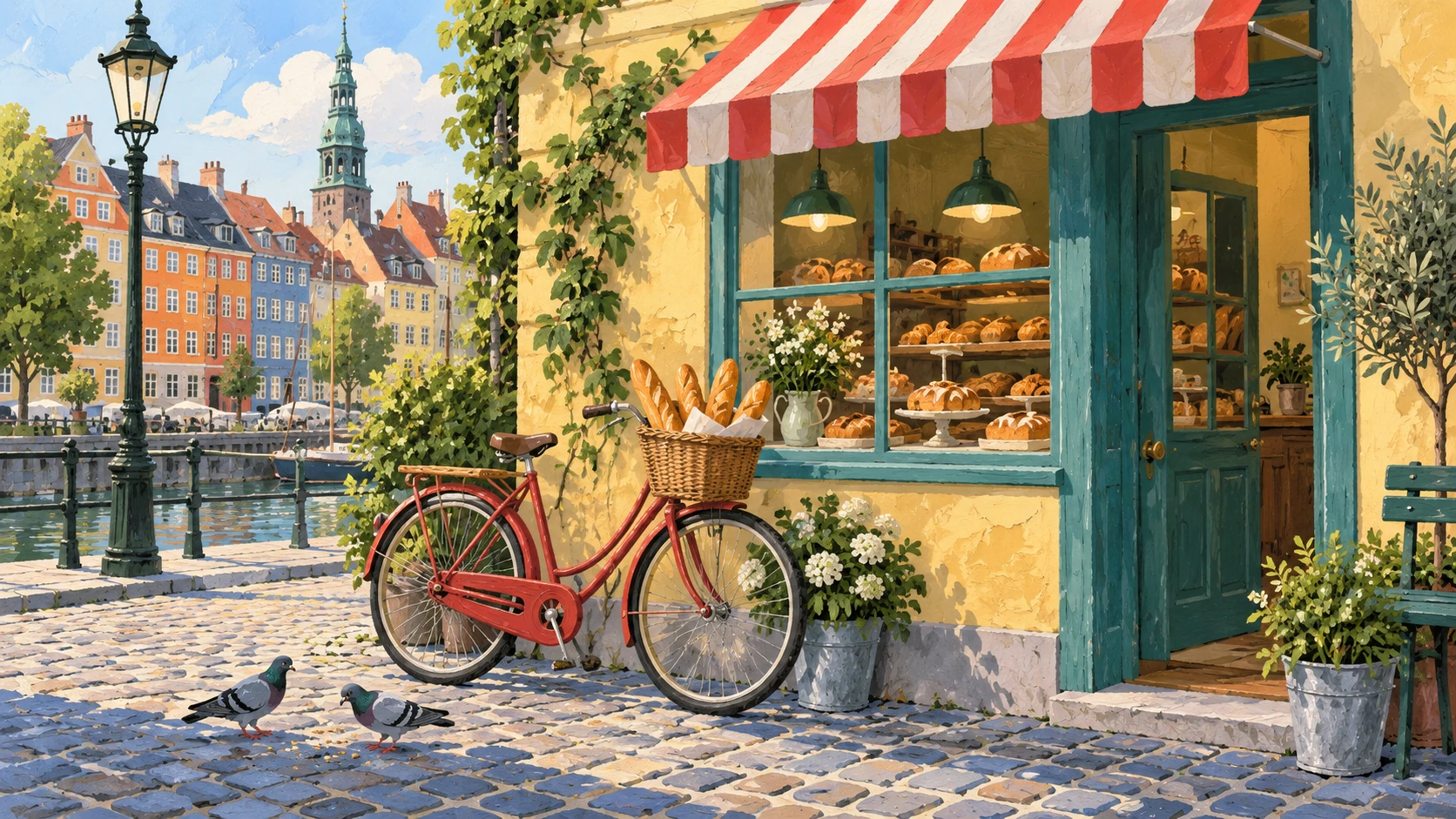 Gouache illustration of a red bicycle outside a Copenhagen bakery