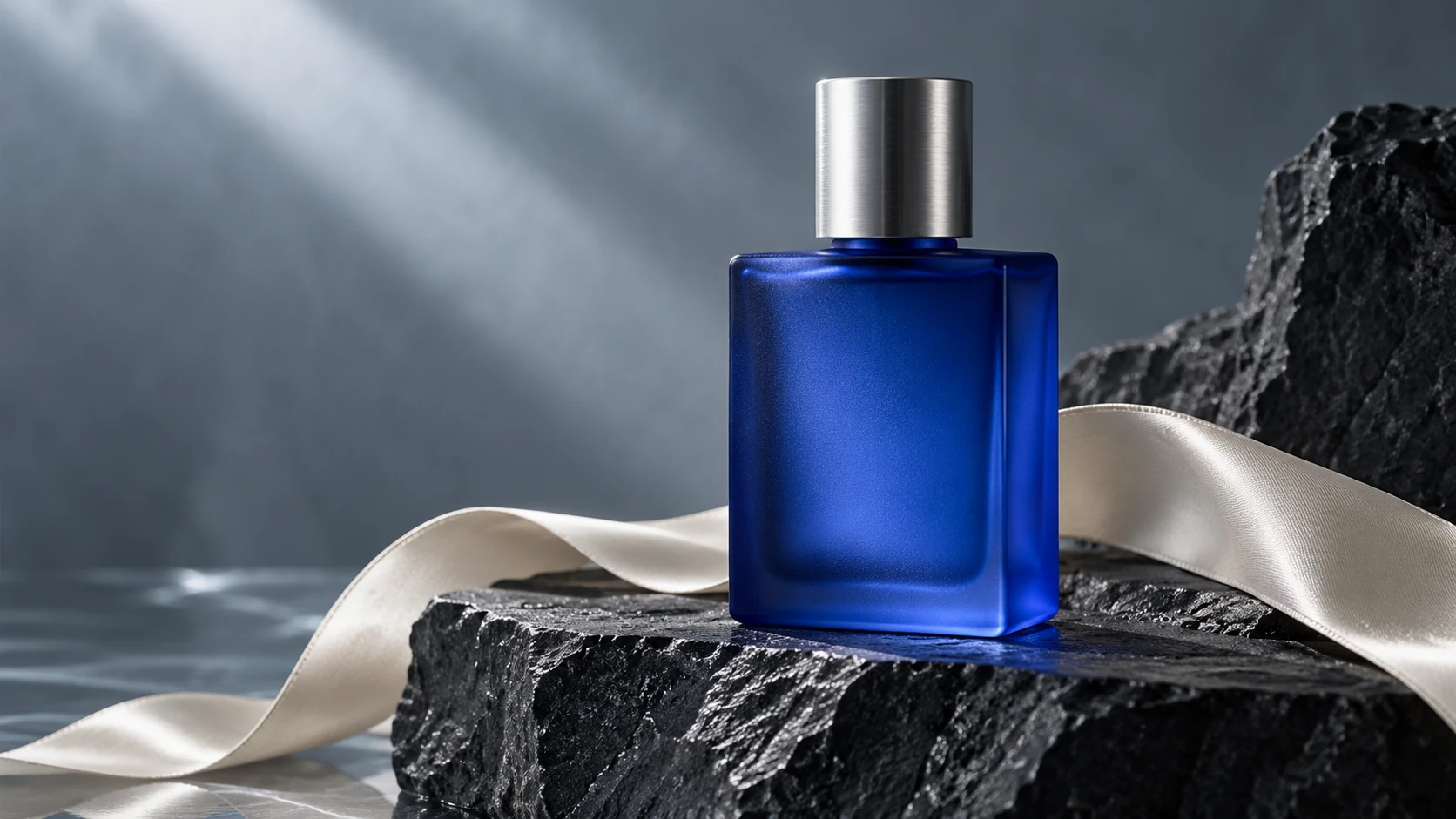Cobalt perfume bottle on charcoal basalt with an ivory ribbon