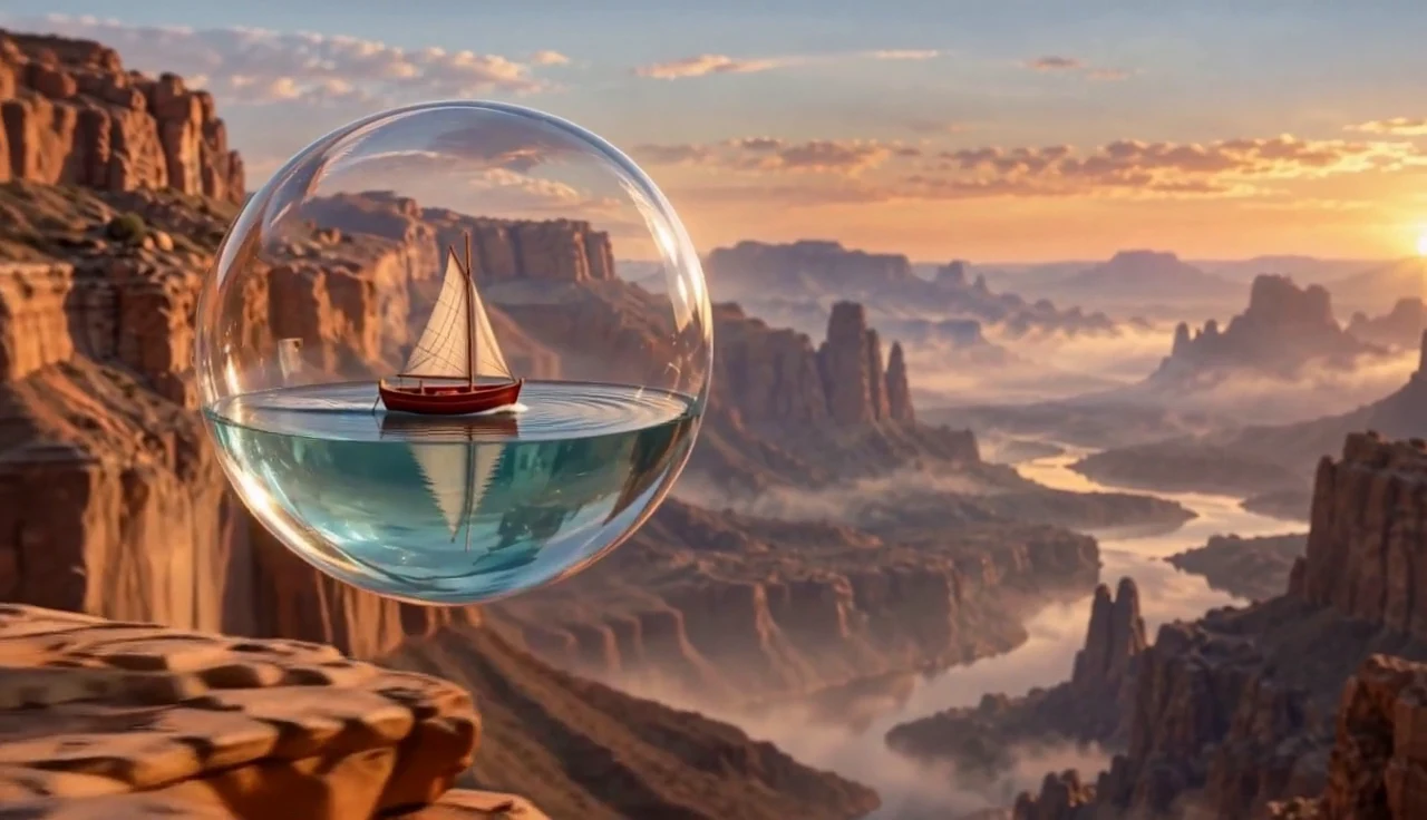 A sailboat floating above a sunset canyon