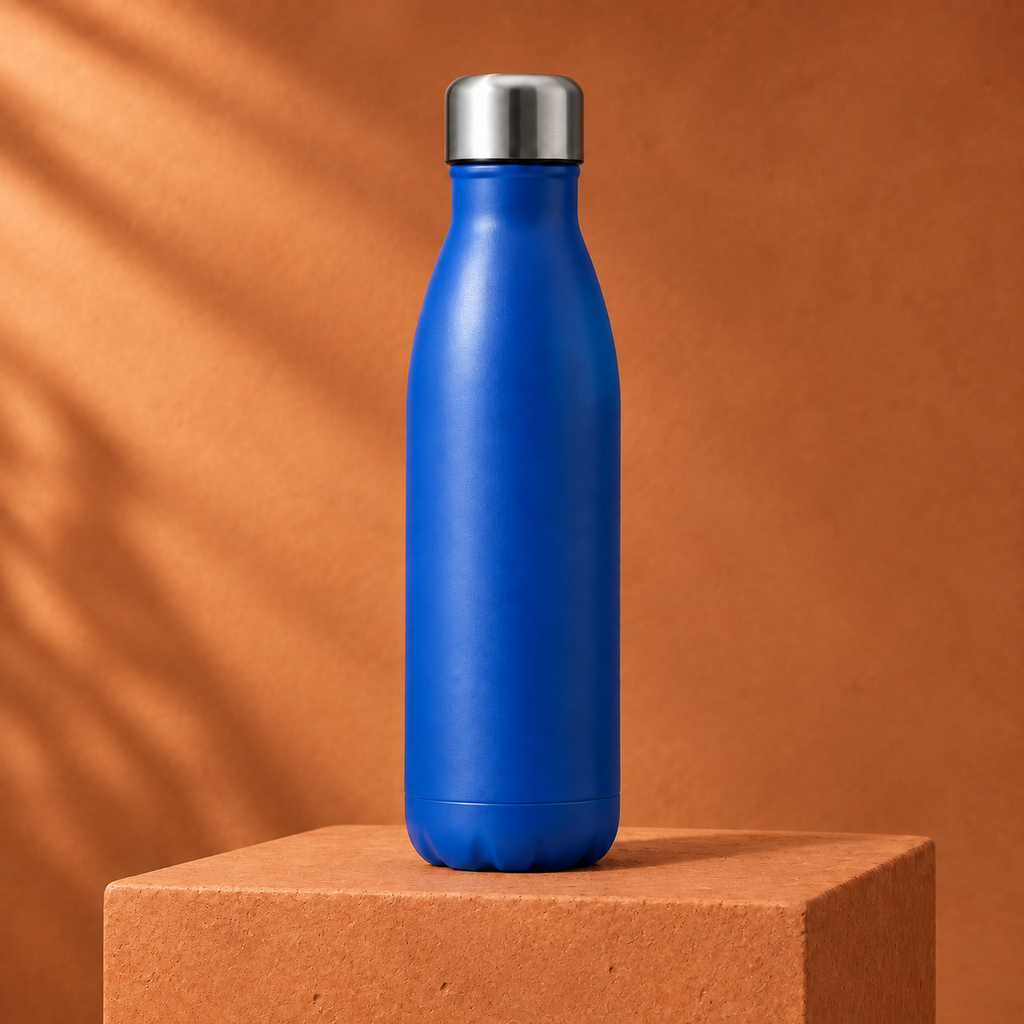 The same blue bottle and silver cap on a warm orange pedestal