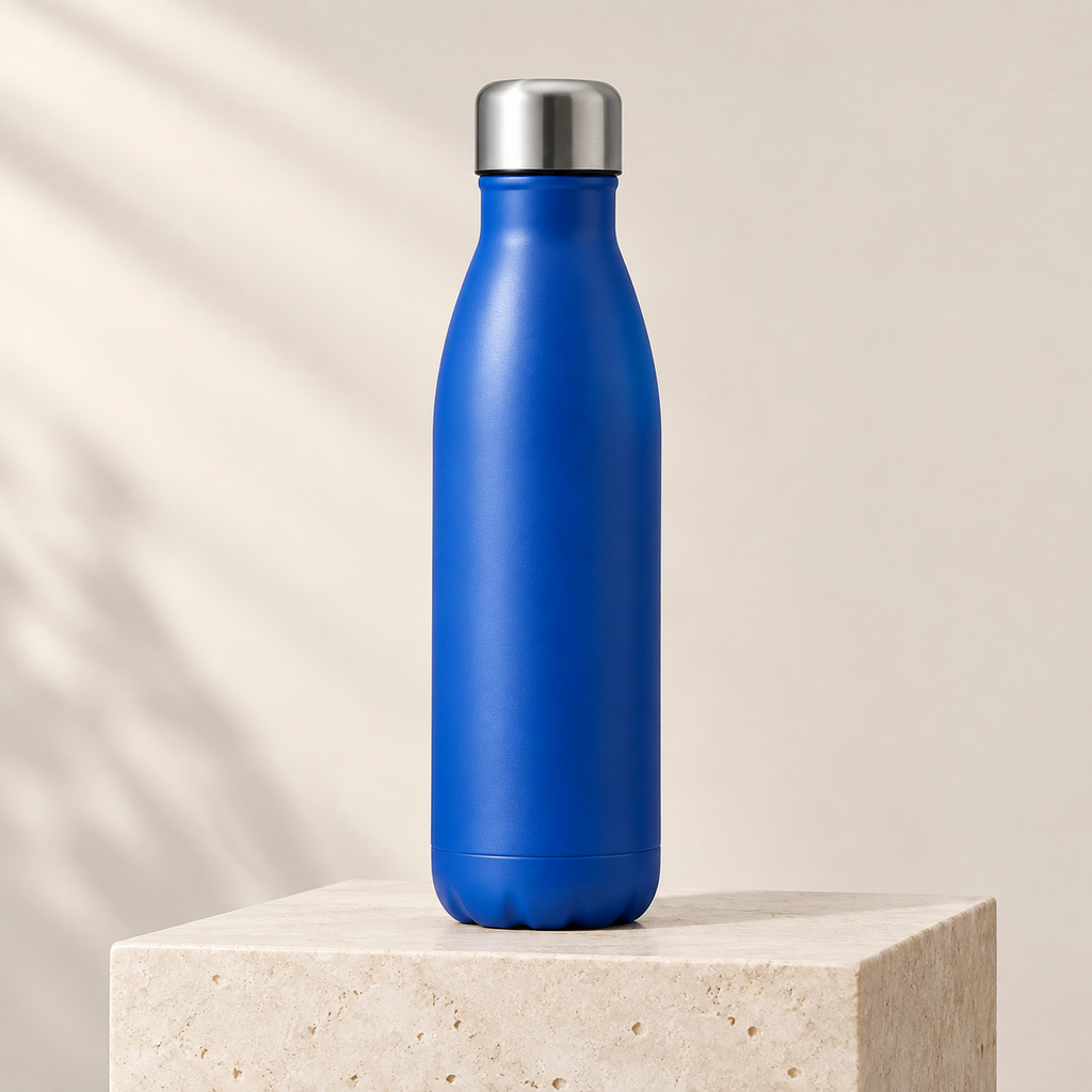 Blue bottle and silver cap on a pale cream pedestal